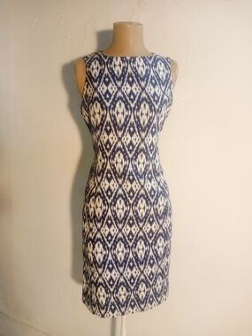 Anne Klein Navy and White Ikat Sheath Dress
